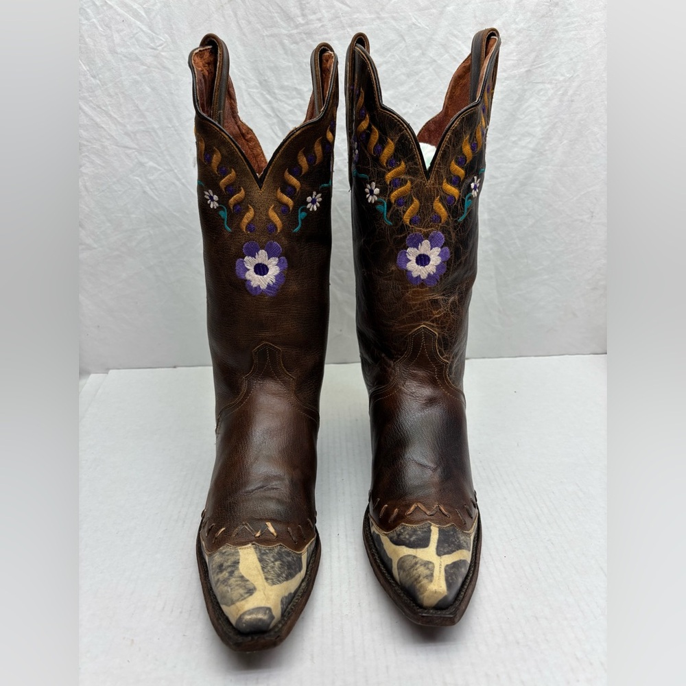 Dan Post Women’s Leather Western Boots with Purple Floral Embroidery, SZ 9.5